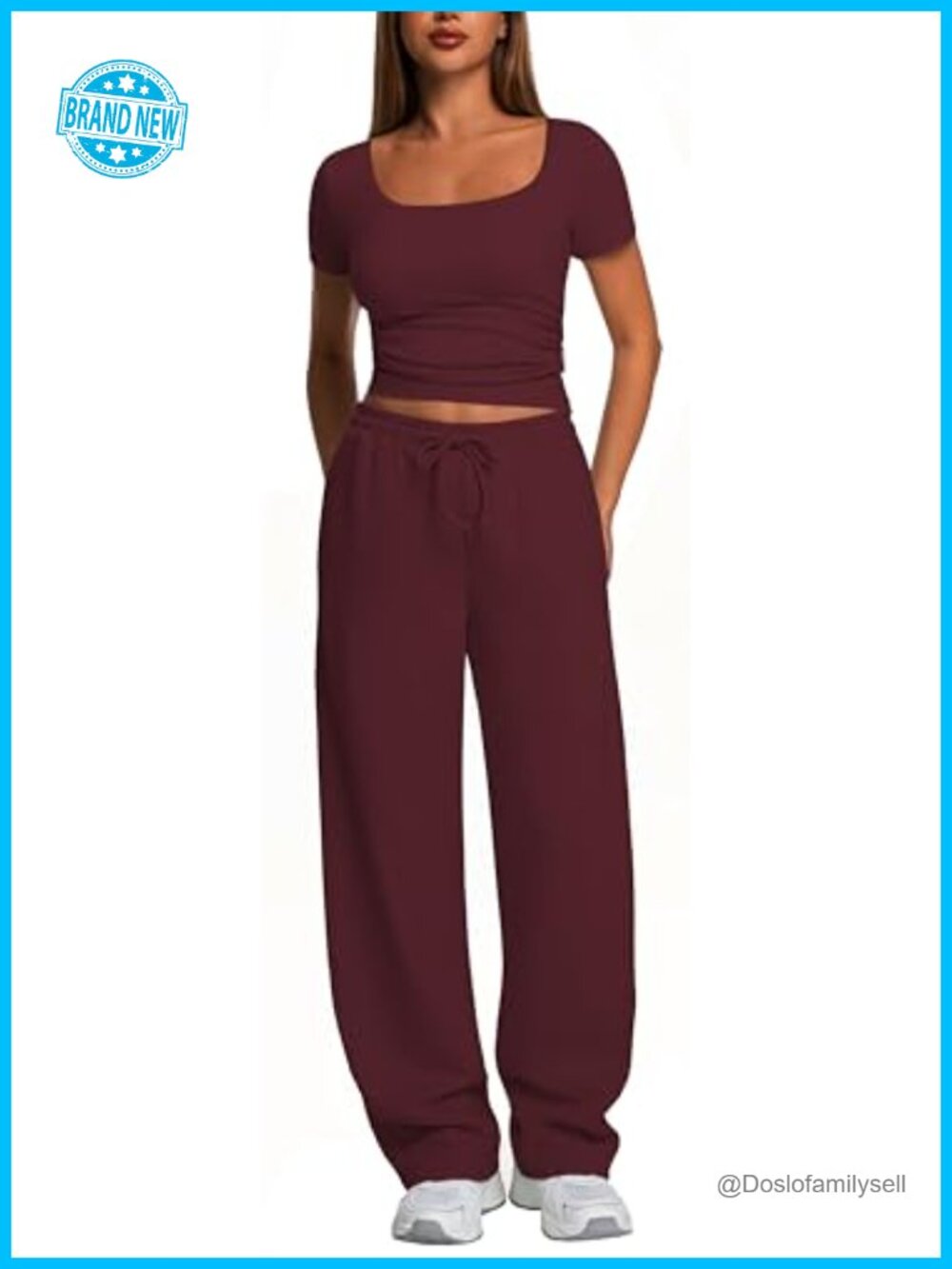2 Piece Square Neck Casual Set Wide Leg Pants Side Ruching Crop Top Sweatsuit